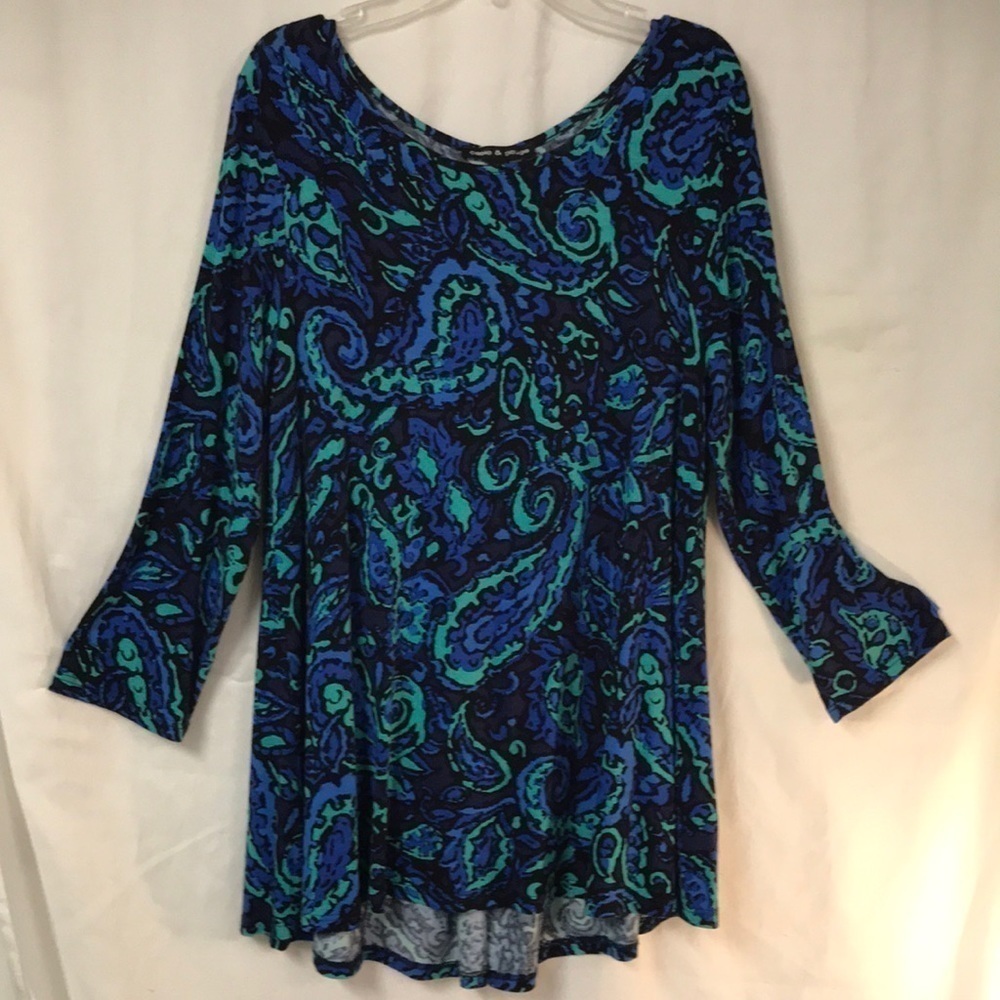 Cable & Gauge Women’s Tunic Top L Blue Green Swing Style Buttons in Back Soft